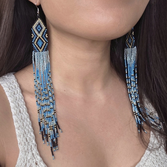 Boheme Jewelry - Blue Southwestern Long Beaded Fringe Boho Earrings Handmade Boheme XL
